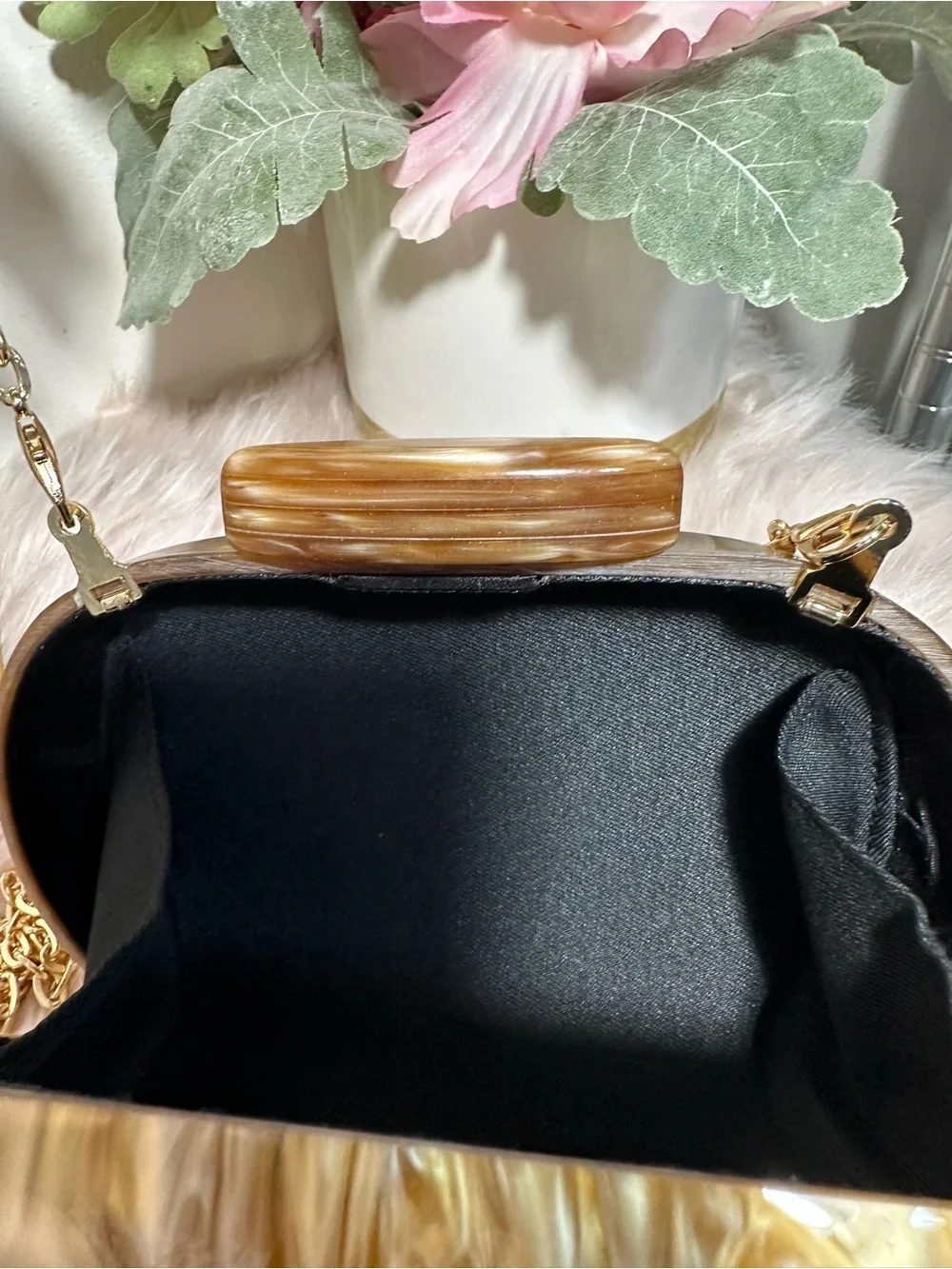 Gold Marbled Acrylic Evening Clutch with Chain Strap